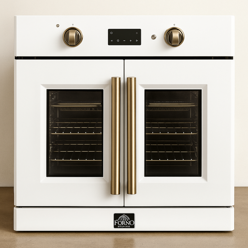 Forno Asti 30" French Door Electric Wall Oven – White with Antique Brass Accents