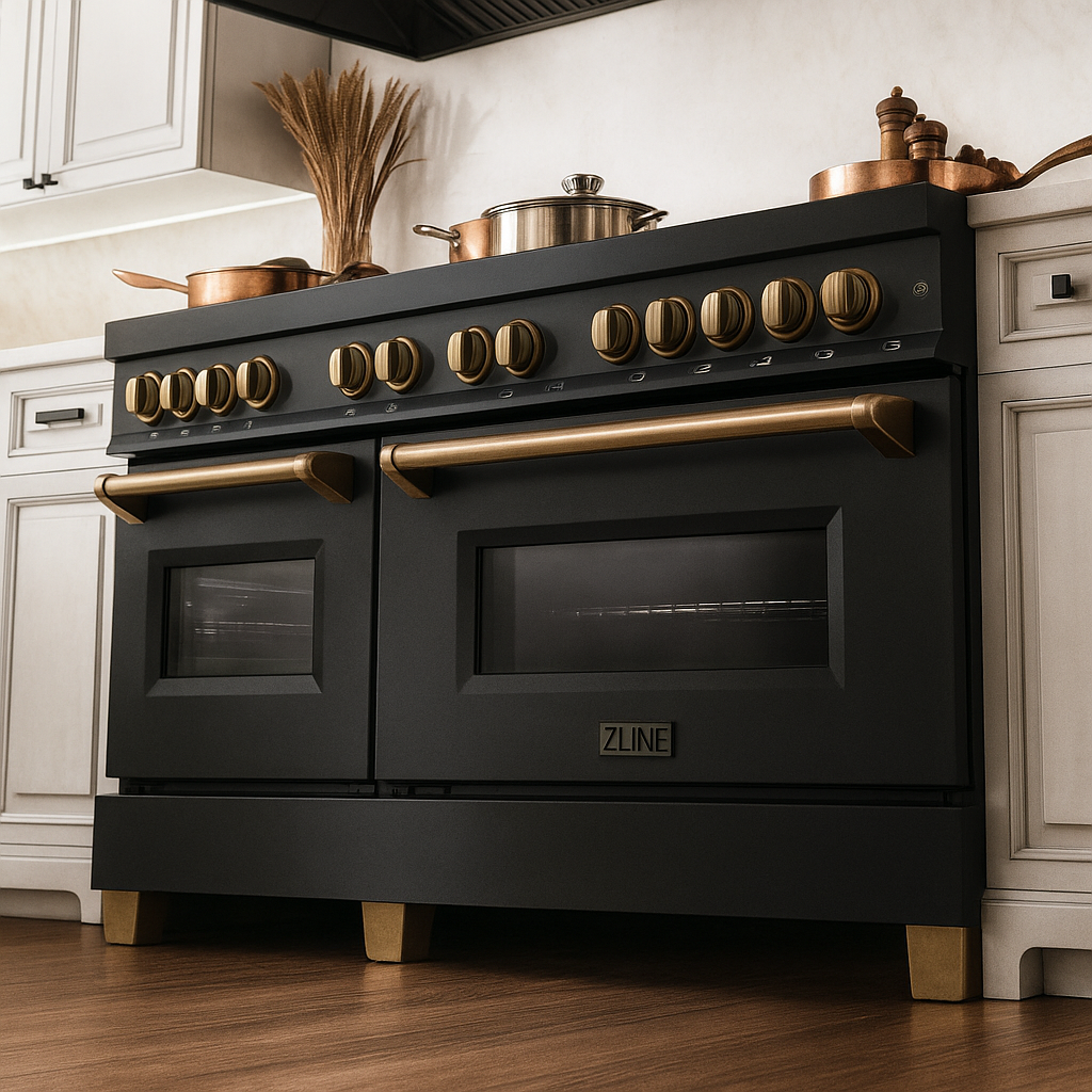 ZLINE Autograph Edition 60” Dual Fuel Range – Black Stainless Steel with Brass Burners