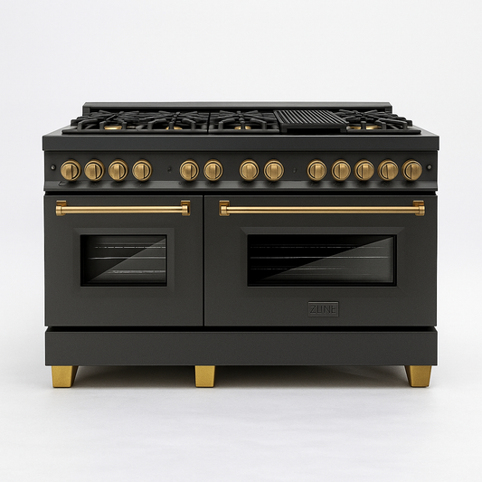ZLINE Autograph Edition 60” Dual Fuel Range – Black Stainless Steel with Brass Burners