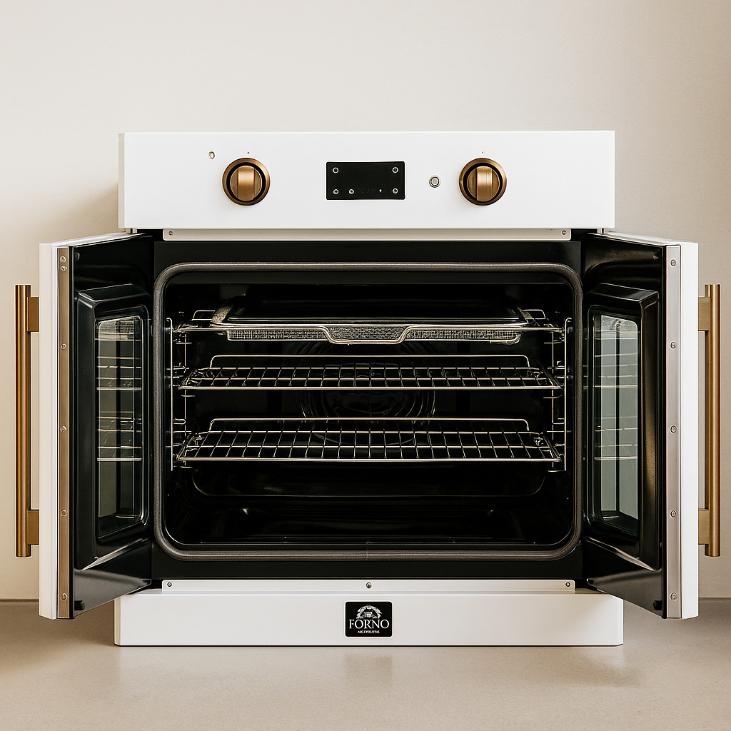 Forno Asti 30" French Door Electric Wall Oven – White with Antique Brass Accents